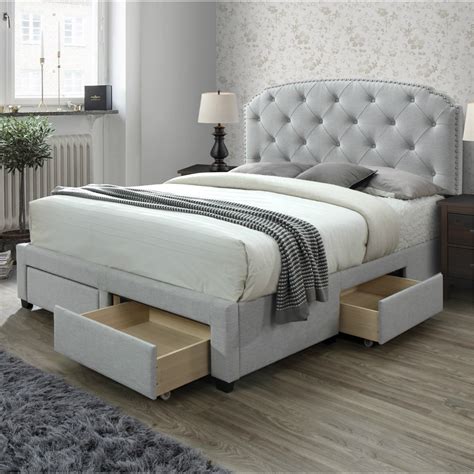 dg casa argo tufted upholstered panel bed frame  storage drawers  nailhead trim headboard