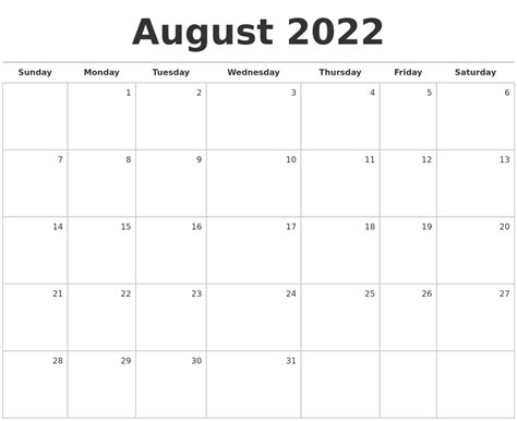 august  blank monthly calendar