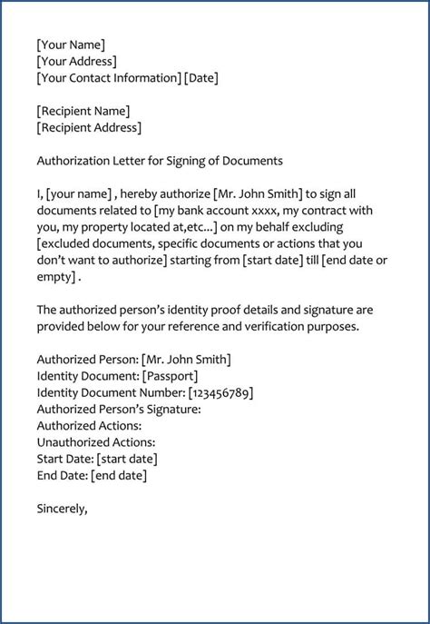 authorization letter  sign documents  behalf samples templates