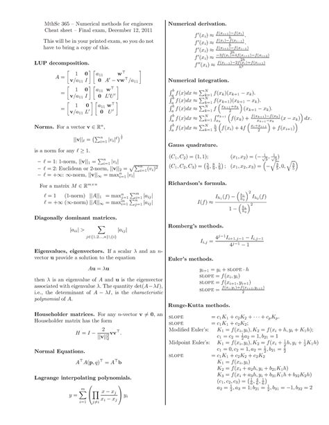 cheat sheet numeric mthsc  numerical methods  engineers