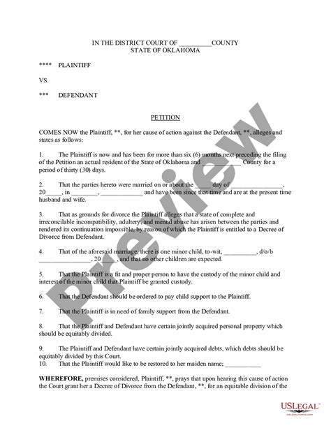 oklahoma petition  divorce form  minor child  legal forms