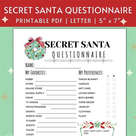 printable secret santa questionnaire  work  family etsy canada