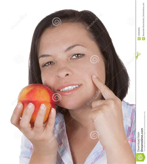 Perfect Skin Concept Beautiful Girl Holding A Peach Near