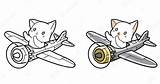 Cat Airplane Coloring Kids Premium Riding Cartoon Vector Cute sketch template