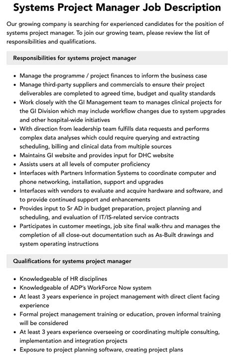 Systems Project Manager Job Description Velvet Jobs