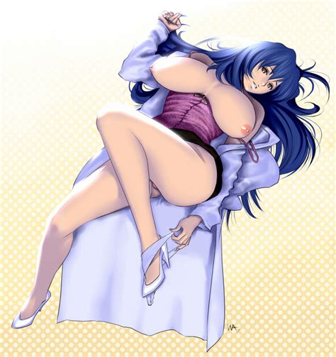 rule 34 blue hair breasts high heels huge breasts labcoat legs lying maken ki maken ki nijou