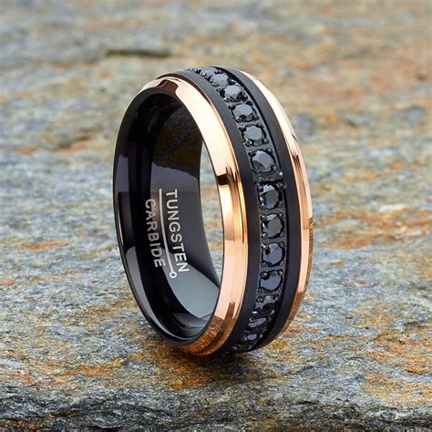 mens tungsten  toned wedding band black  rose gold cz etsy