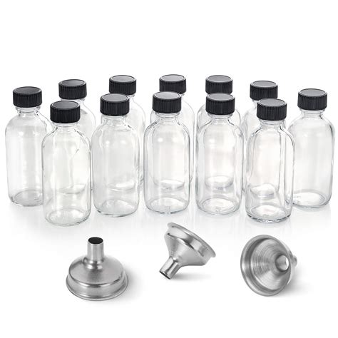 buy  pack  oz small clear glass bottles  lids  stainless steel funnels ml boston