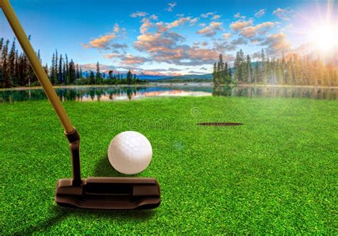 het zetten van golfbal op een mooie golfcursus stock afbeelding afbeelding bestaande uit