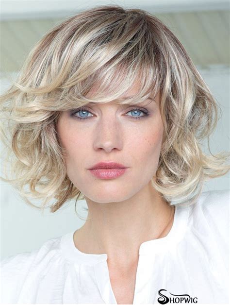 Human Hair Curly Wigs With Bangs Monofilament Shoulder