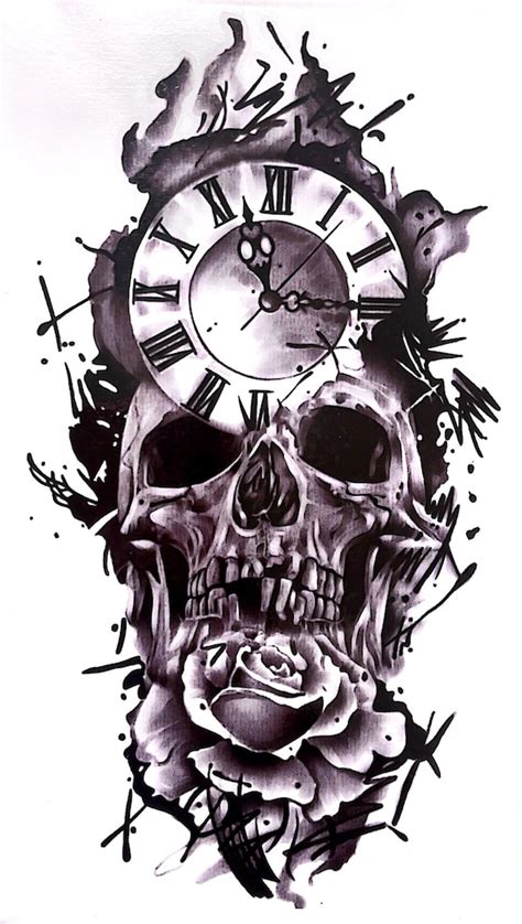 time clock  skull tattoo etsy