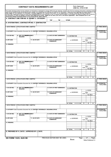 Fillable Dd Form 1423 Contract Data Requirements List Printable Pdf