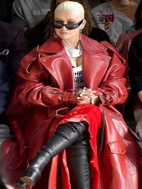 christina aguilera red leather trench coat bay perfect