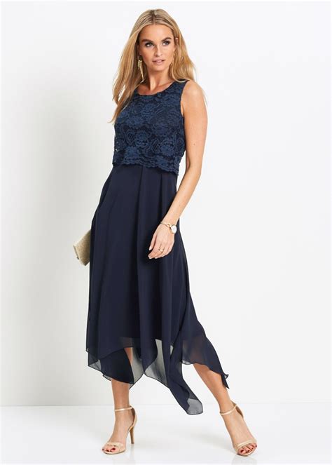 chique galajurk met een kanten lijfje donkerblauw jurken mode kleding ontwerpen