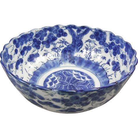 antique japanese porcelain blue white bowl prunis blossom