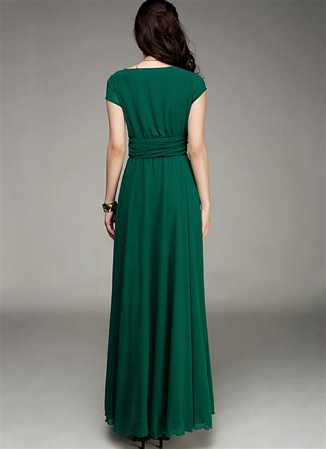 cap sleeve green maxi dress with v neck and ruched waist yoke rm157