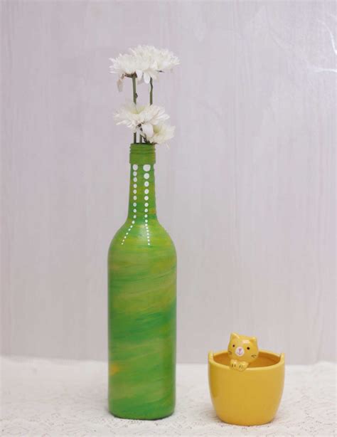 Hand Painted Glass Bottle Vase Green White Dots Imagicart