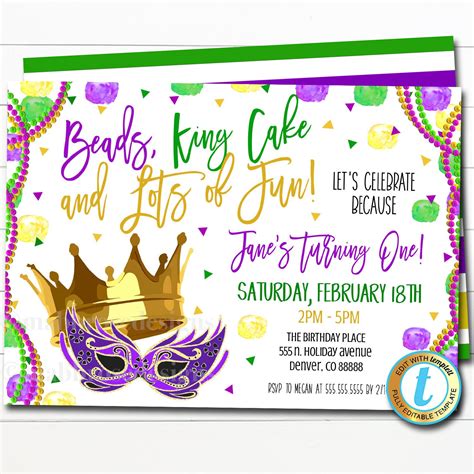 mardi gras  birthday party invitation beads king cake etsy