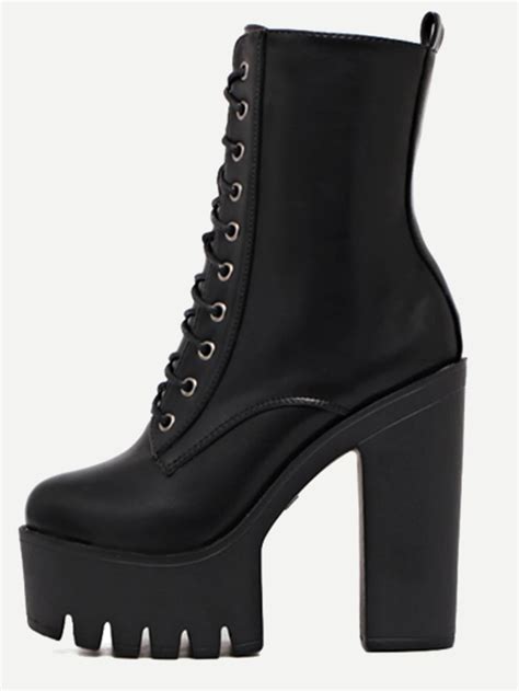 black lace up pu platform high heel boots shein sheinside