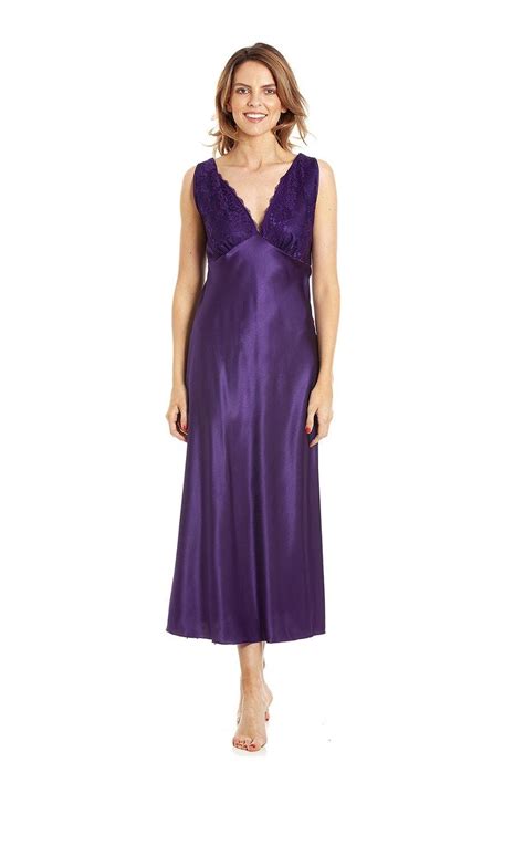 Ladies Long Satin Nightdress Nightie Built Up Shoulder Lace Detail Uk