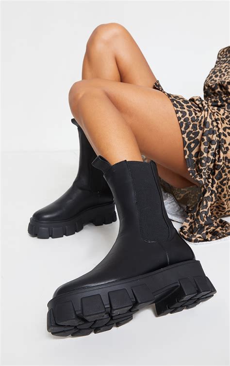 black extreme chunky sole calf high chelsea boots prettylittlething