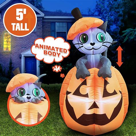 5 ft tall halloween inflatable animated kitty cat on pumpkin inflatable
