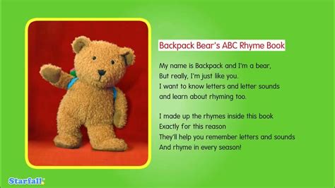 starfall backpack bears abc rhyme book youtube