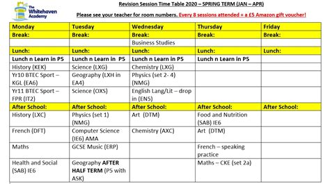 revision timetable  whitehaven academy