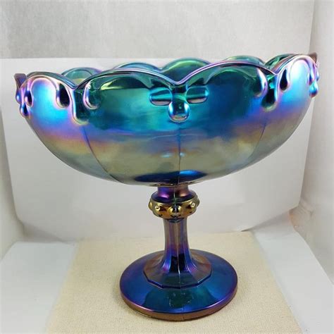 Vintage Iridescent Blue Carnival Glass Large Goblet Dish Etsy Blue