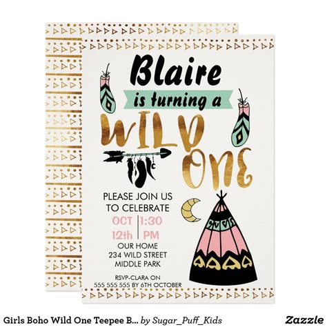 Girls Boho Wild One Teepee Birthday Invitation Wild One