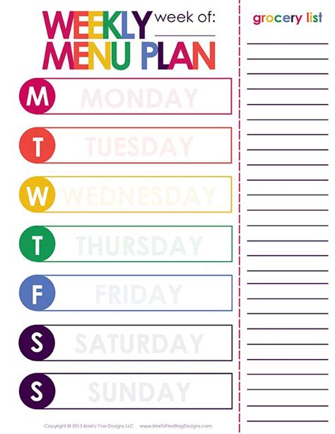 printable menu planner  weekly meal planner horizontal monday start