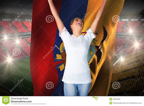 Pretty Football Fan In White Cheering Holding Ecuador Flag