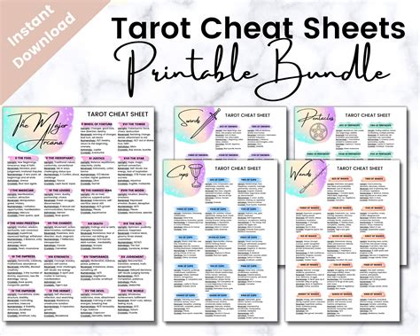 printable tarot cheat sheet bundle rider waite deck tarot