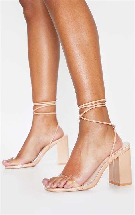 nude ankle lace up chunky block heel sandal prettylittlething