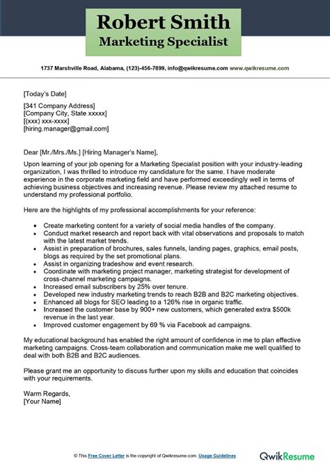 marketing specialist cover letter examples qwikresume