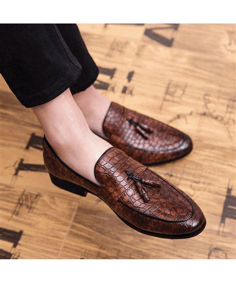 Mens Brown Leather Slip On Dressshoes Tassel On Vamp Crocodile Skin