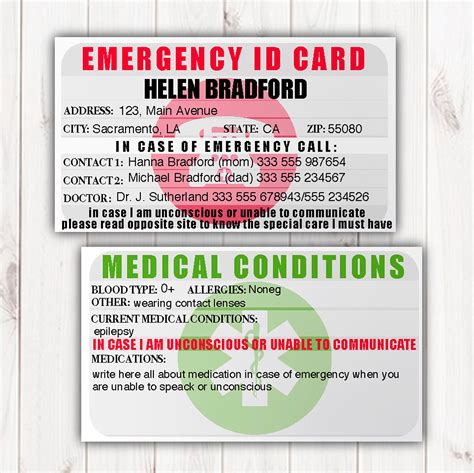 emergency identification card template medical condition   case