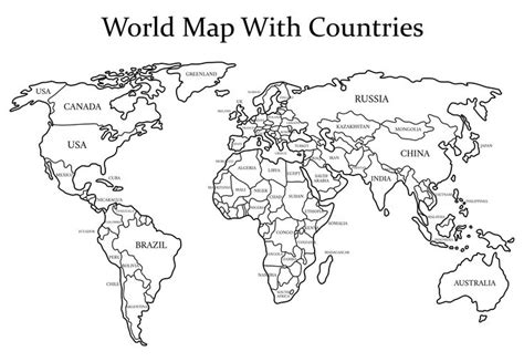 black  white world map  countries  printable world map