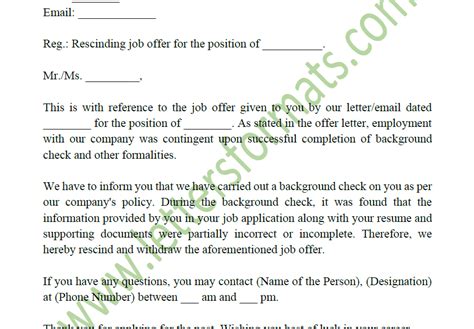 sample rescinding job offer letter due  background check