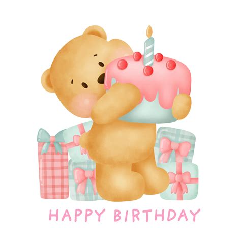 cute teddy bear holding  cake  birthday card  vector art