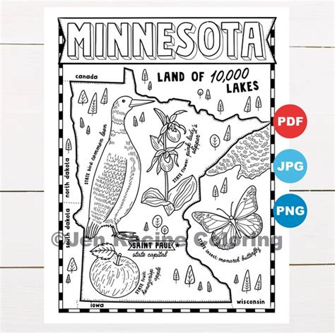 minnesota coloring page united states state map wildlife etsy