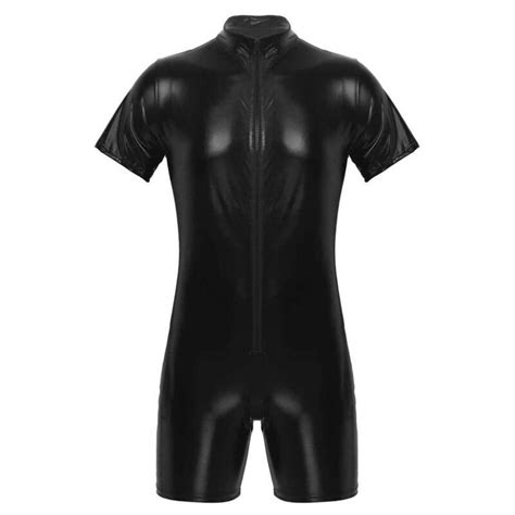 mens black pvc kinky latex vinyl gay zipper bodysuit catsuit playsuit