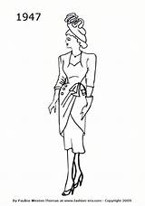 Coloring Pages Fashion 1940 1947 Dress Colouring 1940s History Historical 1950 Dresses Silhouettes Silhouette Vintage Drawings Costume Look Sheets Draped sketch template