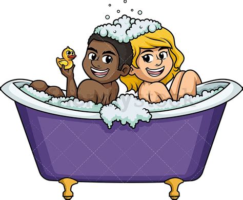 interracial couple in bathtub cartoon clipart vector