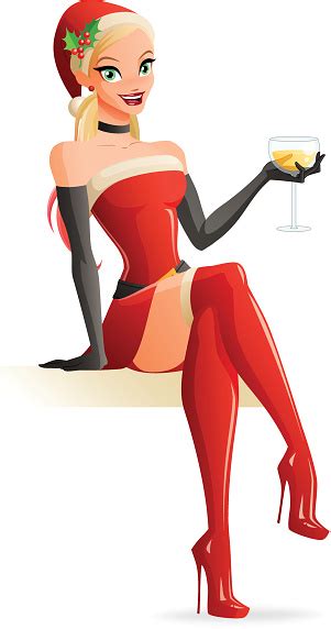 Woman In Christmas Santa Costume Sitting With Champagne Vector