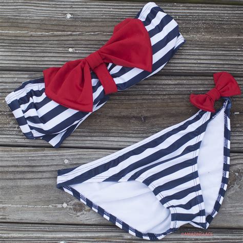 Sailors Girl Navy Striped Red Bow Bandeau Bikini Bow Bandeau