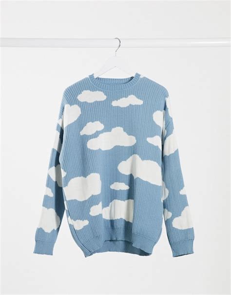 asos design oversized knitted sweater  cloud design  blue asos