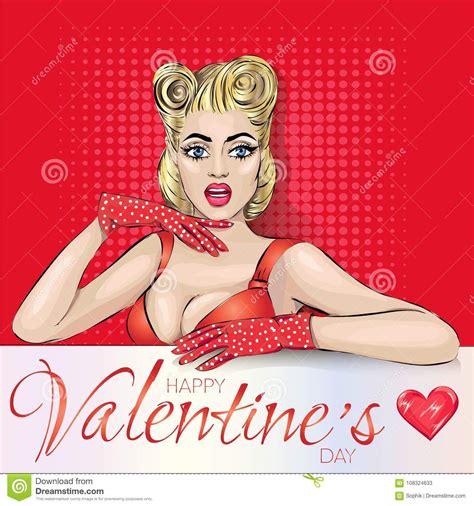 Valentines Day Pin Up Woman With Heart On Red Background Pop Art
