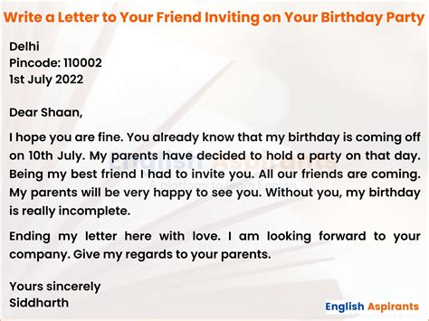 write  letter  invite  friend   birthday party  examples