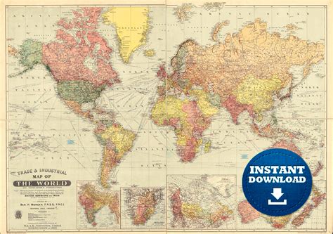 digital vintage colorful world map printable  vintage etsy